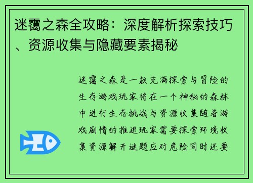 迷霭之森全攻略：深度解析探索技巧、资源收集与隐藏要素揭秘